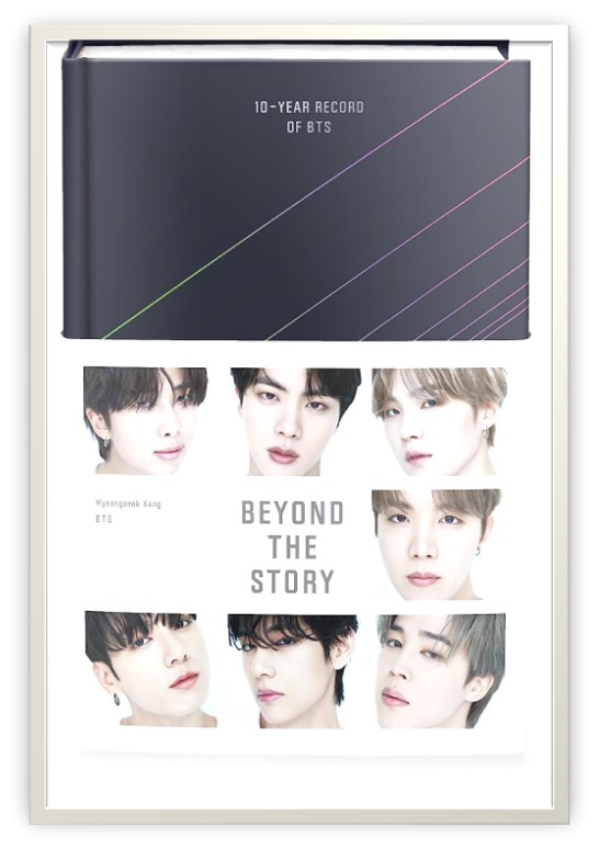 Beyond the Story: 10-Year Record of BTS 2023" book cover featuring the BTS logo and a vibrant design.